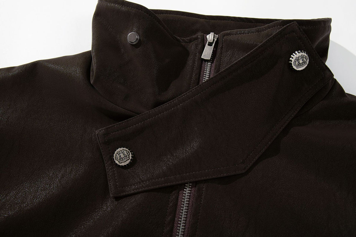 Oversized Black Leather Jacket Faux PU Bomber with High Collar