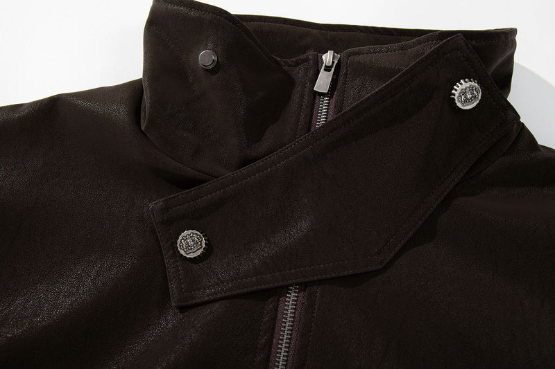 Oversized Black Leather Jacket Faux PU Bomber with High Collar