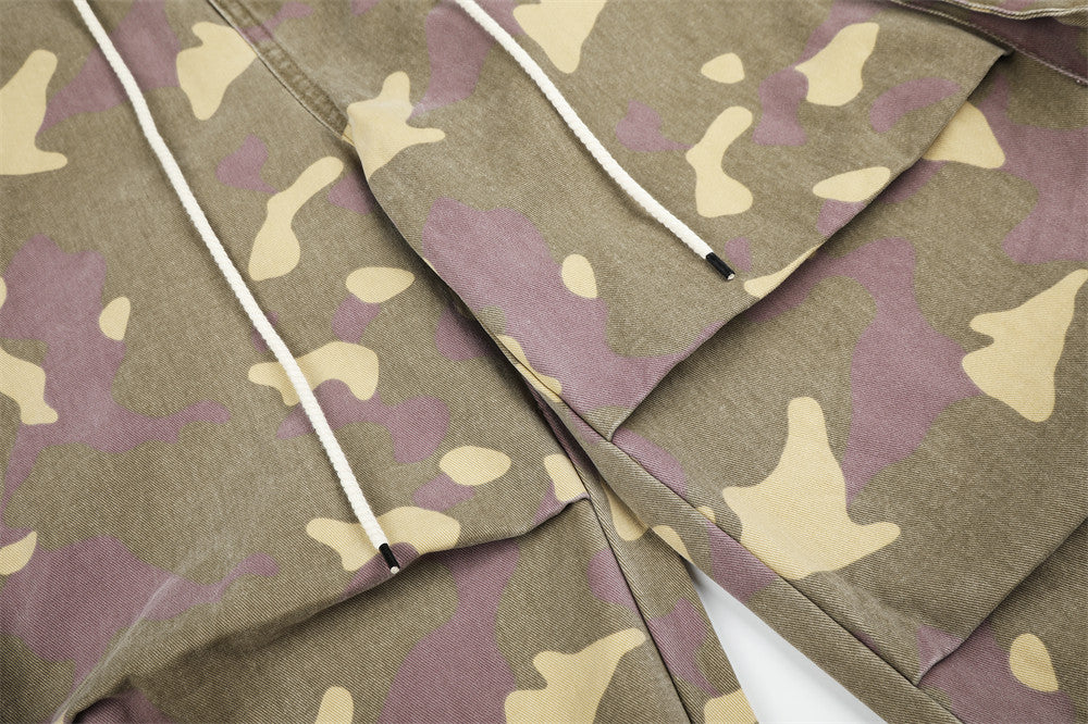 Camo Cargo Wide-Leg Pants – Vintage Washed, Multi-Pocket, Drawstring Waist