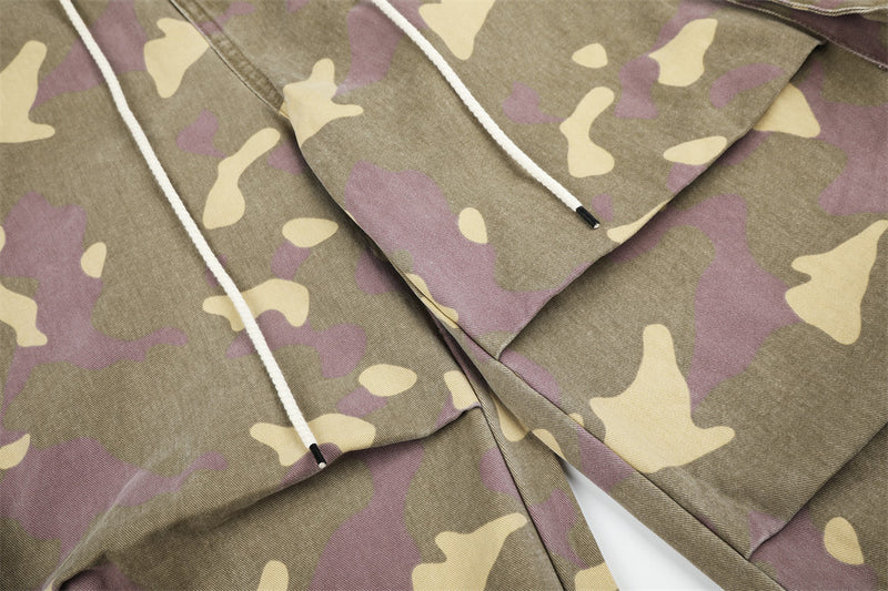Camo Cargo Wide-Leg Pants – Vintage Washed, Multi-Pocket, Drawstring Waist