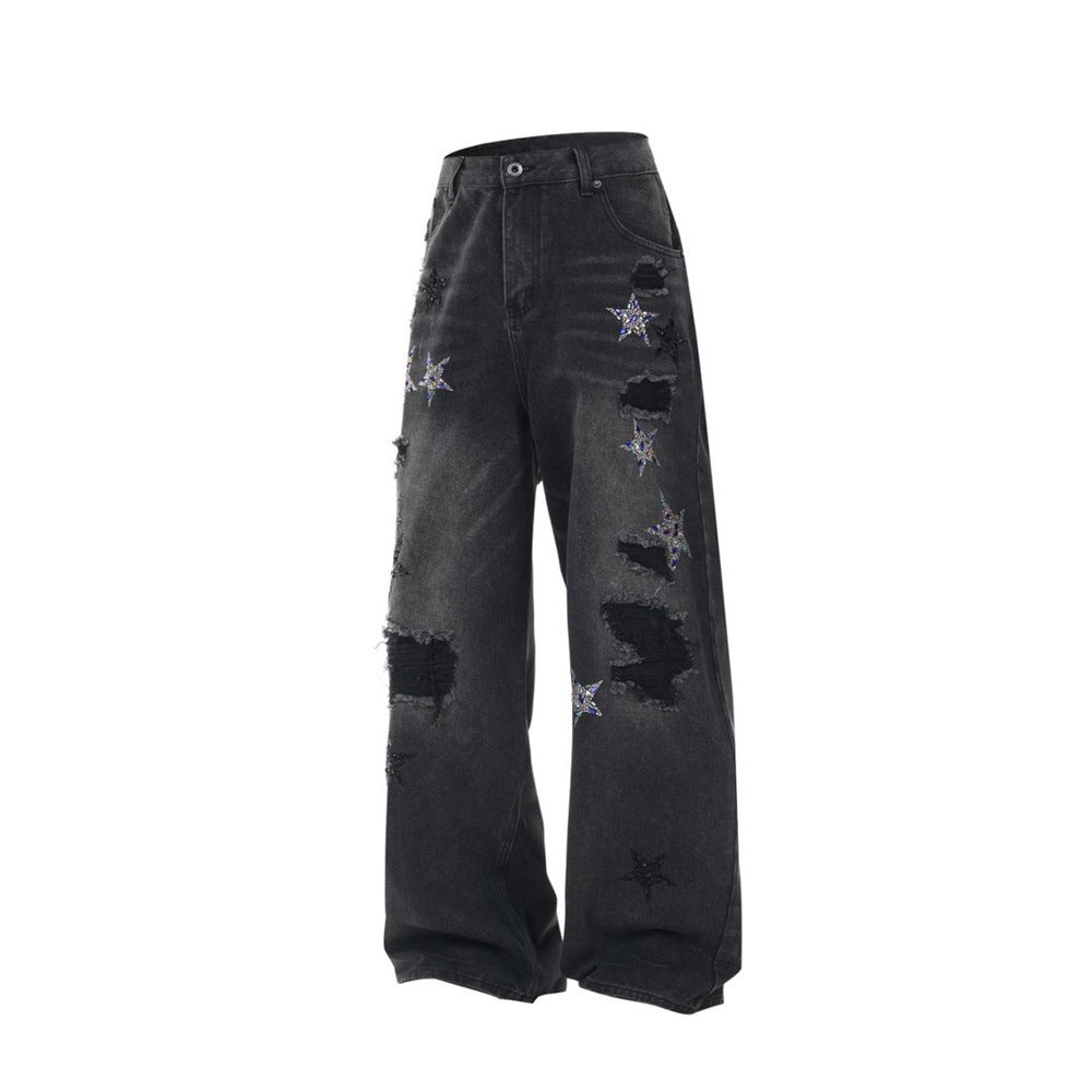 Ripped Baggy Jeans Men – Star Rhinestone & Sequin Wide-Leg Black Distressed