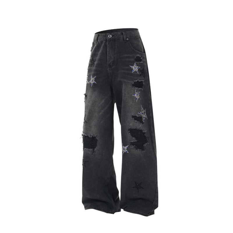 Ripped Baggy Jeans Men – Star Rhinestone & Sequin Wide-Leg Black Distressed