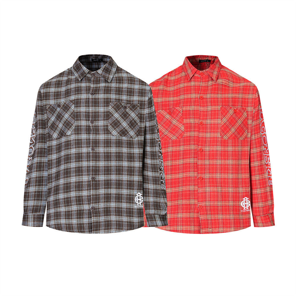 Plaid Long Sleeve Button-Up Shirt with Gothic Letter Embroidery