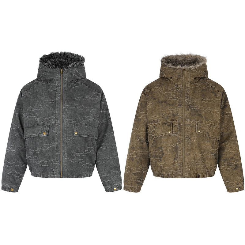 Camo Jacquard Padded Bomber Jacket with Faux Fur Hood