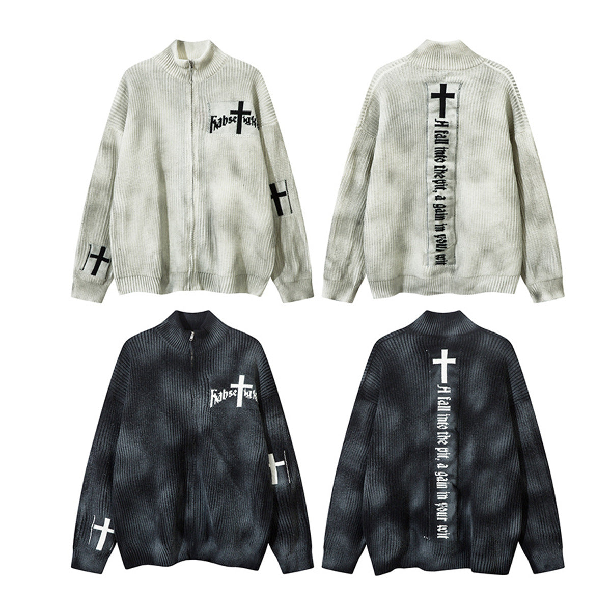 Veste-pull zippée en maille jacquard croix gothique – Col montant médiéval sombre