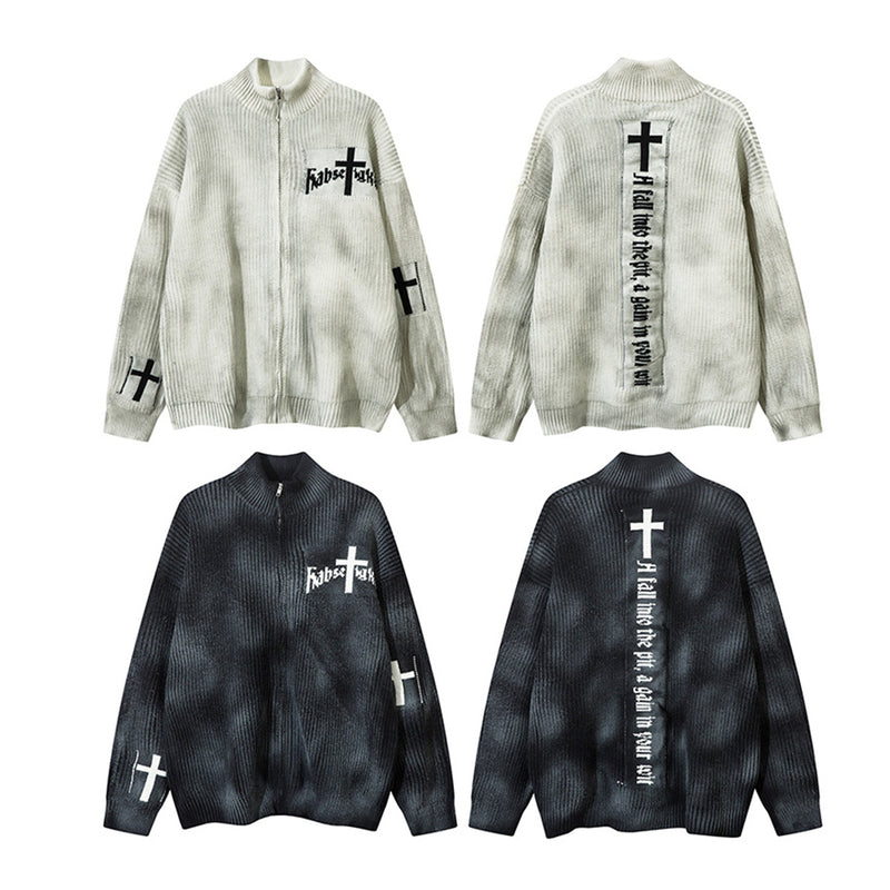 Veste-pull zippée en maille jacquard croix gothique – Col montant médiéval sombre
