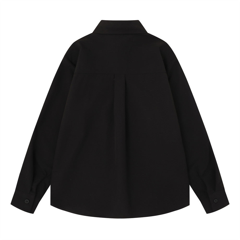 Black oversized long sleeve button-down shirt back view with pleated yoke and button cuffs