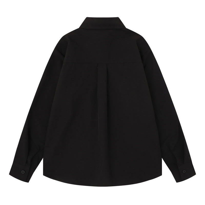 Black oversized long sleeve button-down shirt back view with pleated yoke and button cuffs