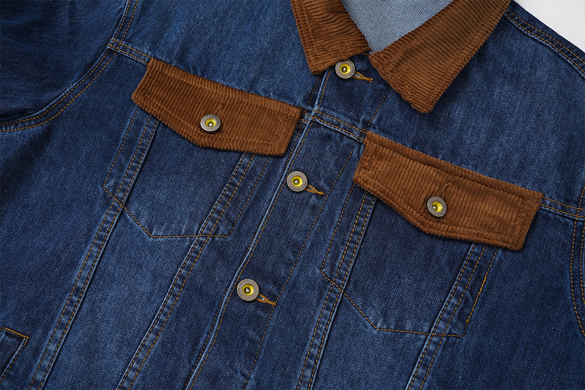 Veste en jean homme délavée avec col et poignets en velours côtelé