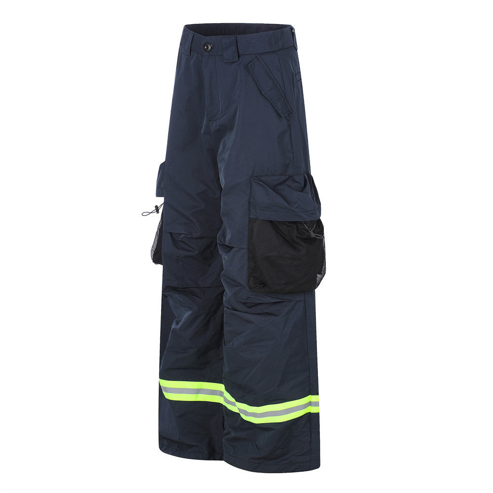 Tactical Wide-Leg Cargo Pants with Reflective Strips & Mesh Pockets