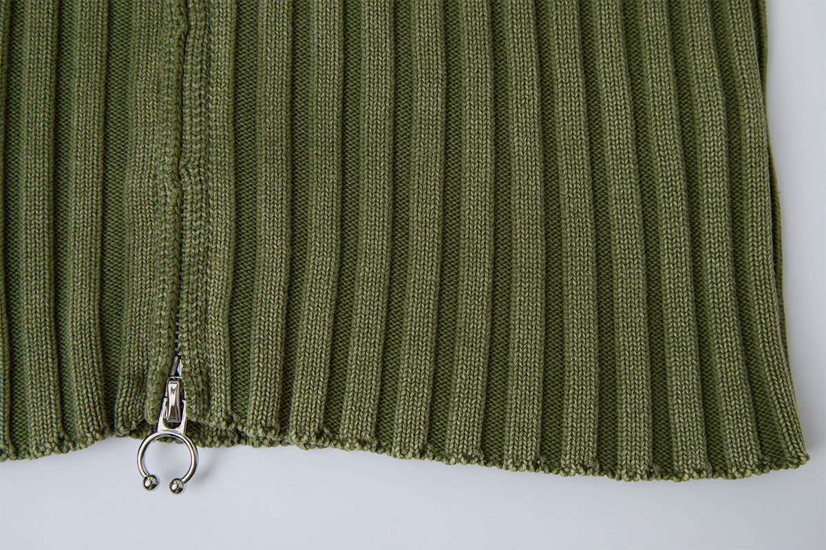 Ribbed Knit Mock-Neck Full-Zip Cardigan Sweater with Lightning Bolt Embroidery