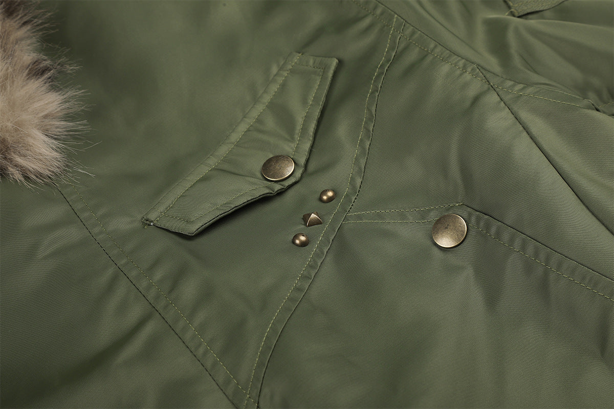 Army Green Bomber Jacket with Leopard Faux Fur Collar & Studs