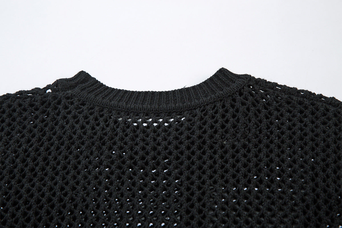 Beige Crew Neck Sweater Open-Knit Mesh Oversized Pullover