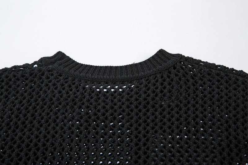 Beige Crew Neck Sweater Open-Knit Mesh Oversized Pullover