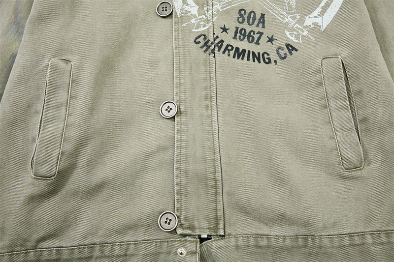 Men's Canvas Work Jacket – Vintage Punk Distressed Stand Collar with Scythe