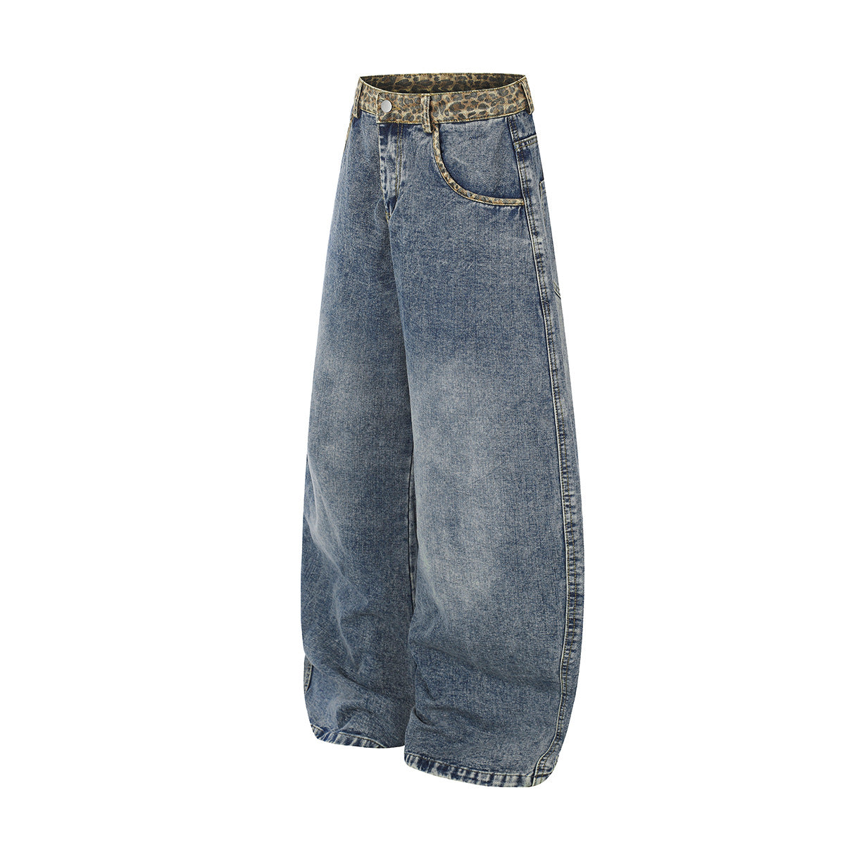 Vaqueros baggy de pierna ancha con cinturilla de leopardo – Corte recto tipo barril