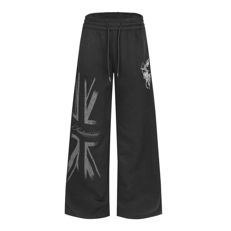 Men's Black Wide-Leg Sweatpants with Union Jack & Star Graphic Print