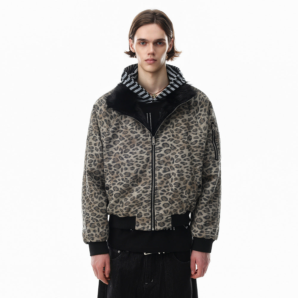 Reversible Faux Fur Leopard Print Bomber Jacket – Men's Oversized Stand Collar
