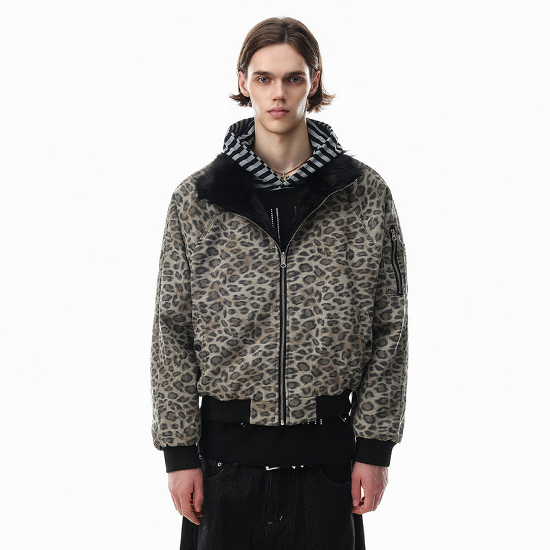 Reversible Faux Fur Leopard Print Bomber Jacket – Men's Oversized Stand Collar