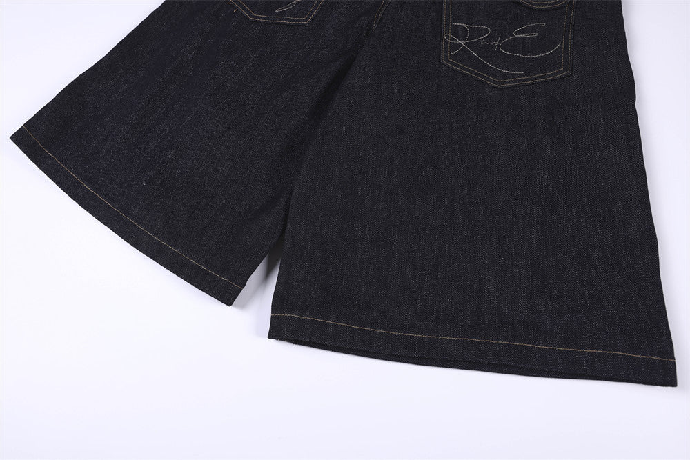 RHNDE Dark Wash Wide-Leg Denim Shorts with Floral Pocket Lining