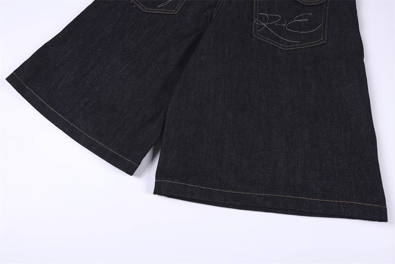 RHNDE Dark Wash Wide-Leg Denim Shorts with Floral Pocket Lining