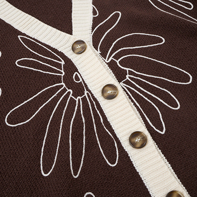 Herren-Strickcardigan mit Blumenstickerei und V-Ausschnitt – Relaxed Fit