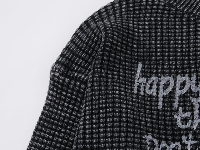 Men's Washed Distressed Waffle Knit Sweater with Graphic Lettering