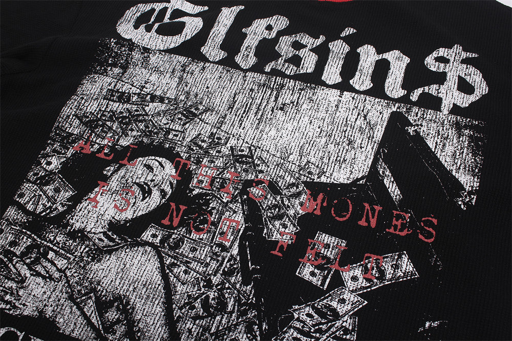 Black Graphic Long Sleeve Tee with Studded Red Collar – Vintage American Print
