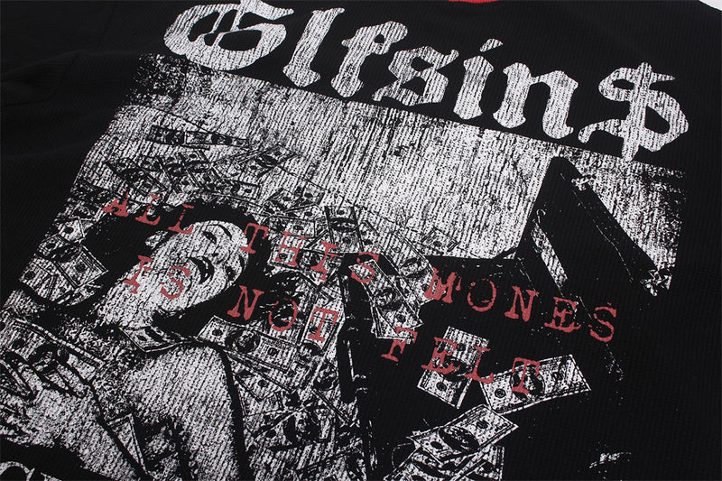 Black Graphic Long Sleeve Tee with Studded Red Collar – Vintage American Print