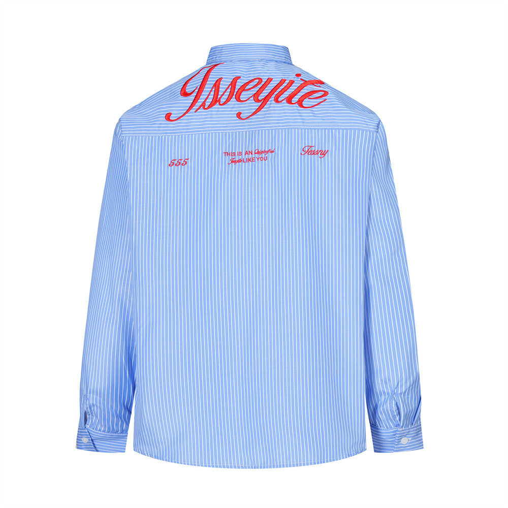 Back view of a blue striped long sleeve shirt with red embroidered lettering across the shoulders
