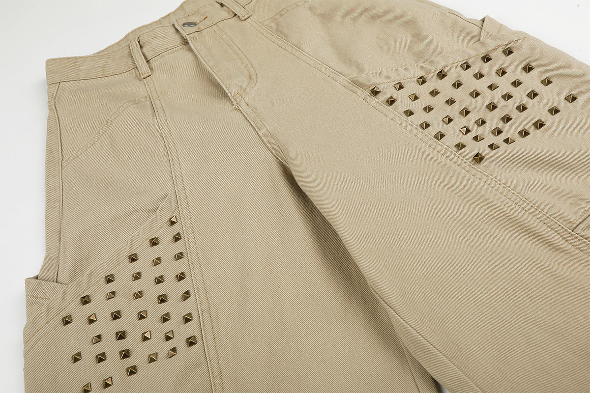 Studded Wide-Leg Cargo Pants with Oversized Pockets