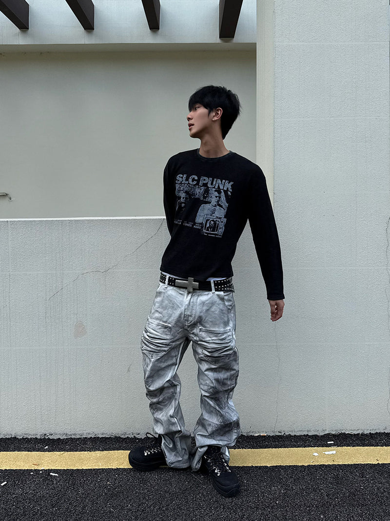 SLC Punk Langarmshirt aus Waffelstrick mit Grafikprint – Verwaschenes Schwarz