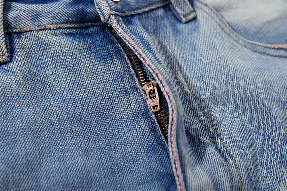 Ripped Wide-Leg Denim Shorts – Pink Thread Distressed, Washed Blue