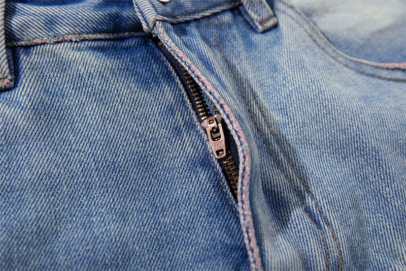 Ripped Wide-Leg Denim Shorts – Pink Thread Distressed, Washed Blue