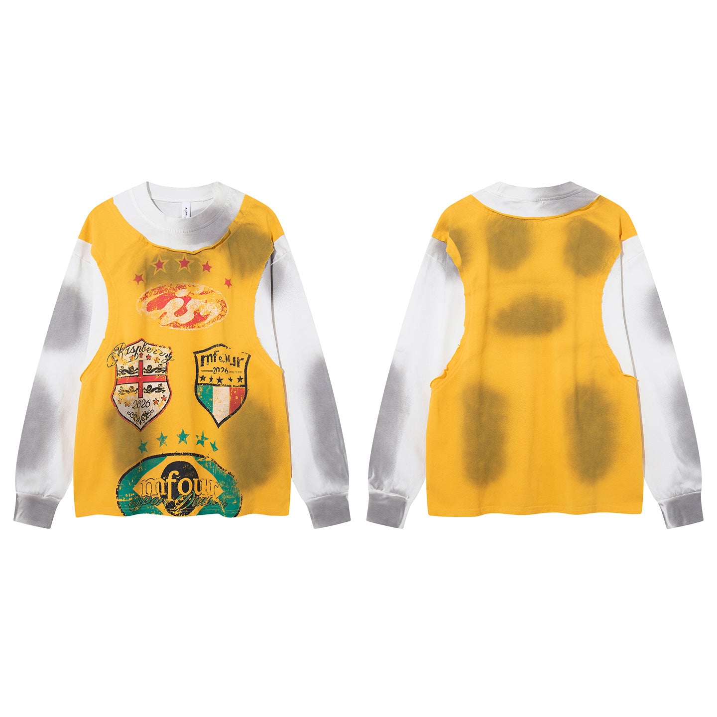 Tee-shirt graphique à manches longues imitation deux pièces – Imprimé écusson rétro streetwear