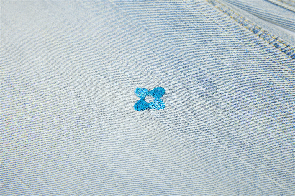 Wide-Leg Washed Denim Jeans with Cross Star Embroidery & Rhinestone Pocket