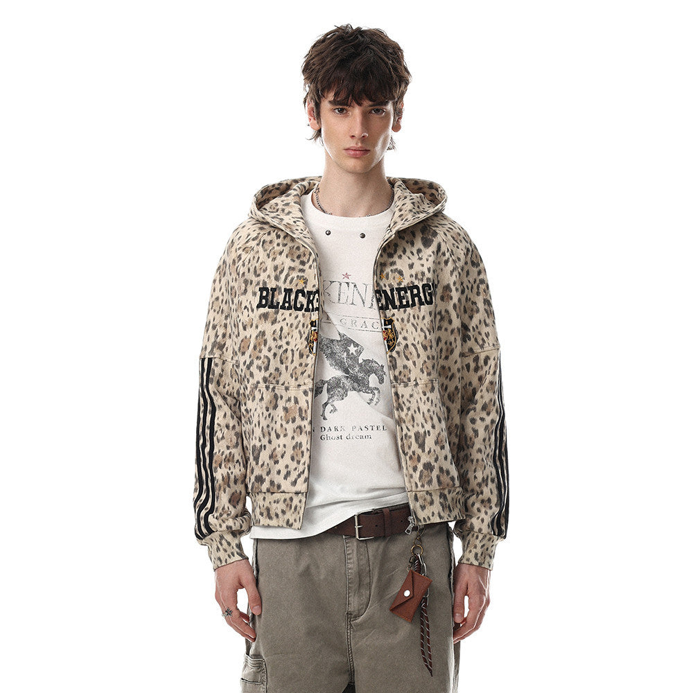 Embroidered Zip Up Hoodie – Leopard Print Streetwear with Side Stripe Detail