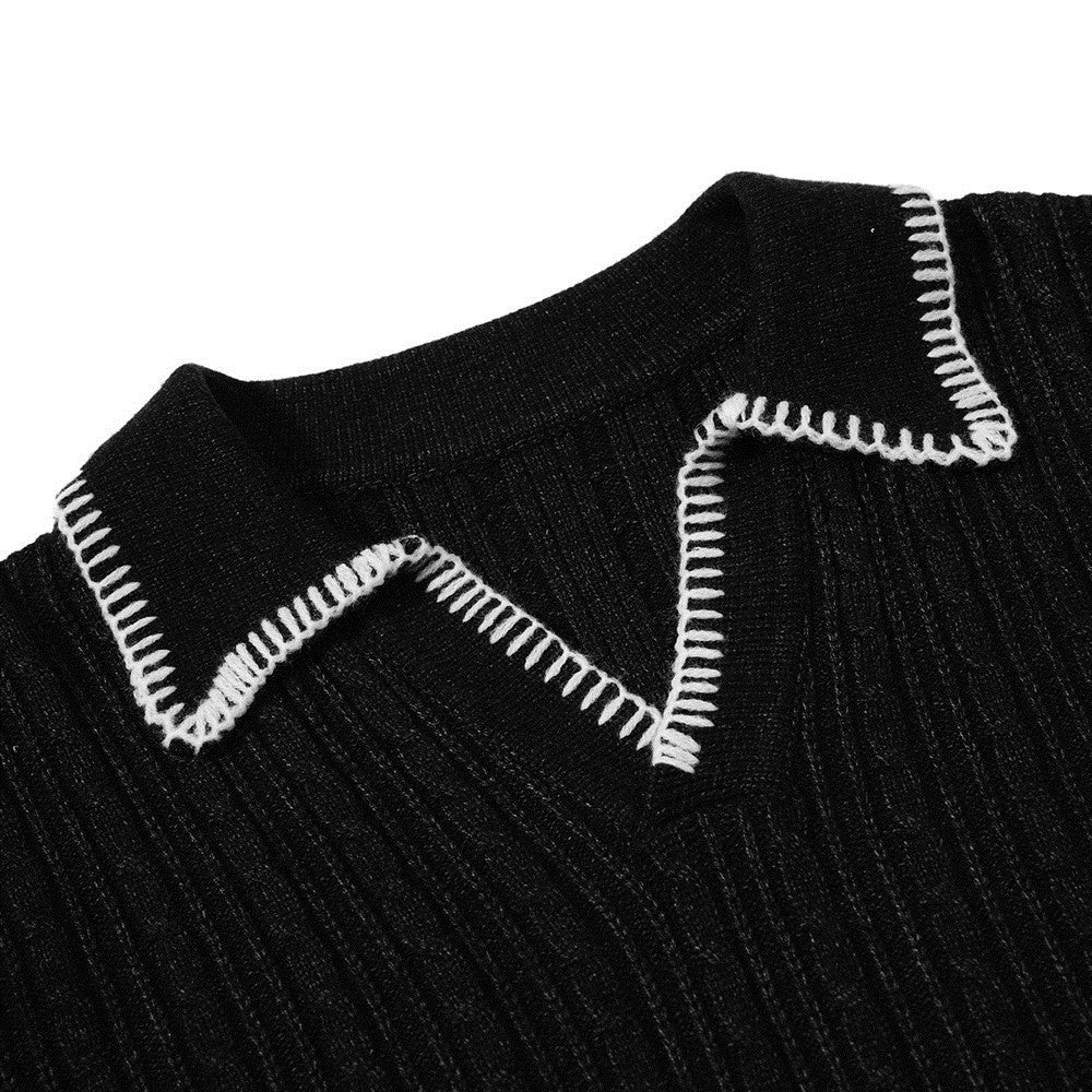 Oversized V-Neck Sweater – Cable Knit Polo Collar Long Sleeve Pullover