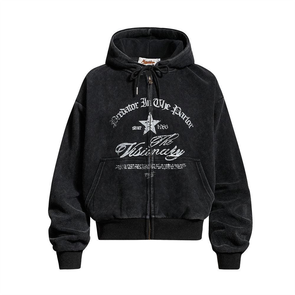 Punk Vintage Graphic Zip-Up Hoodie – Oversized Distressed Print Fleece