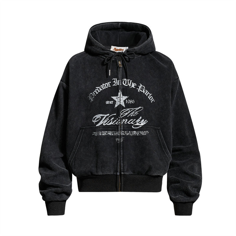 Punk Vintage Graphic Zip-Up Hoodie – Oversized Distressed Print Fleece