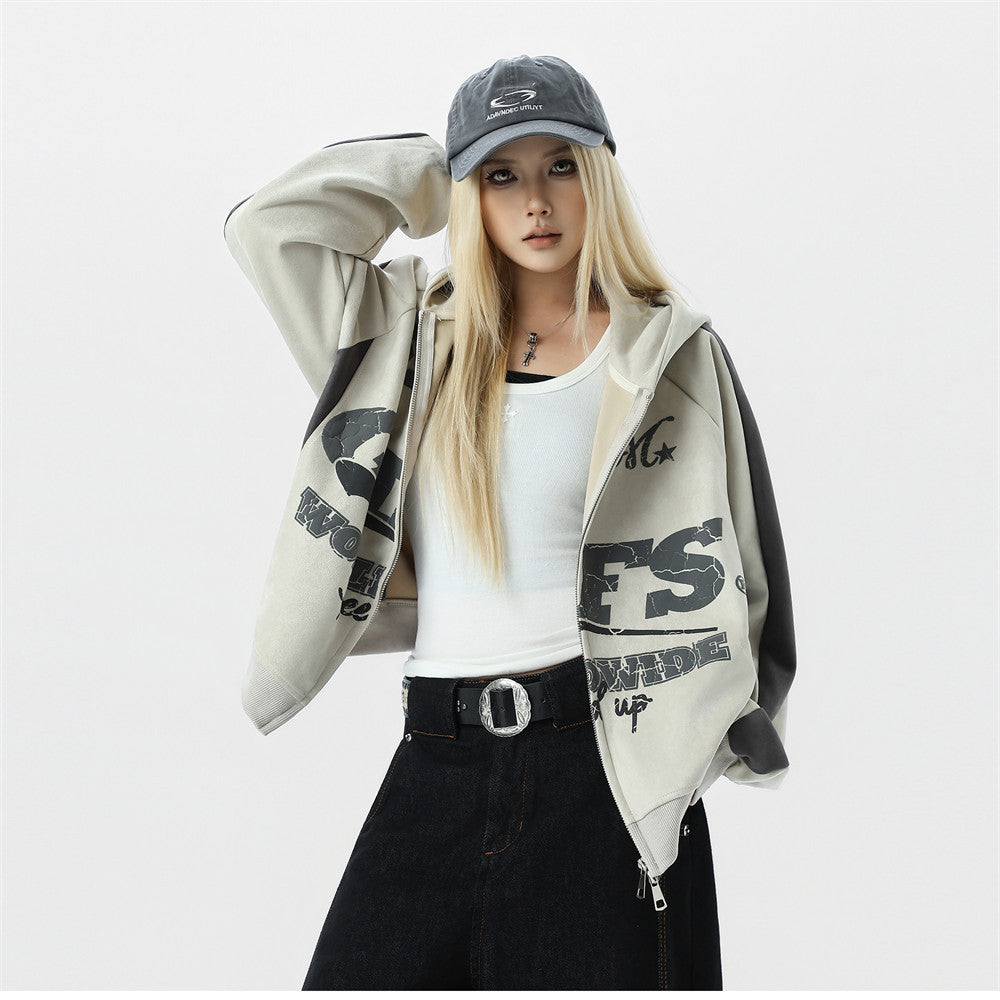 GLFS Colorblock Oversized Zip Up Hoodie – Distressed Letter Print, Dual Zipper