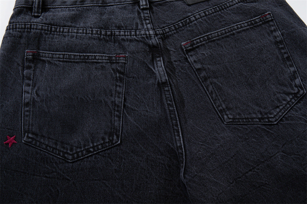 Star Embroidered Wide-Leg Jeans – Washed Black Denim with Side Floral Detail