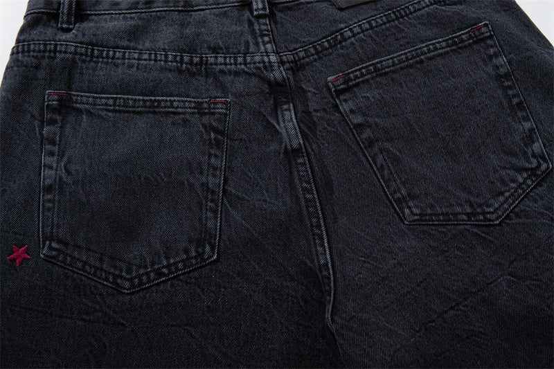 Star Embroidered Wide-Leg Jeans – Washed Black Denim with Side Floral Detail