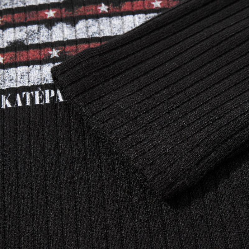 Men's Black Ribbed Long-Sleeve Sweatshirt with Distressed American Flag Graphic