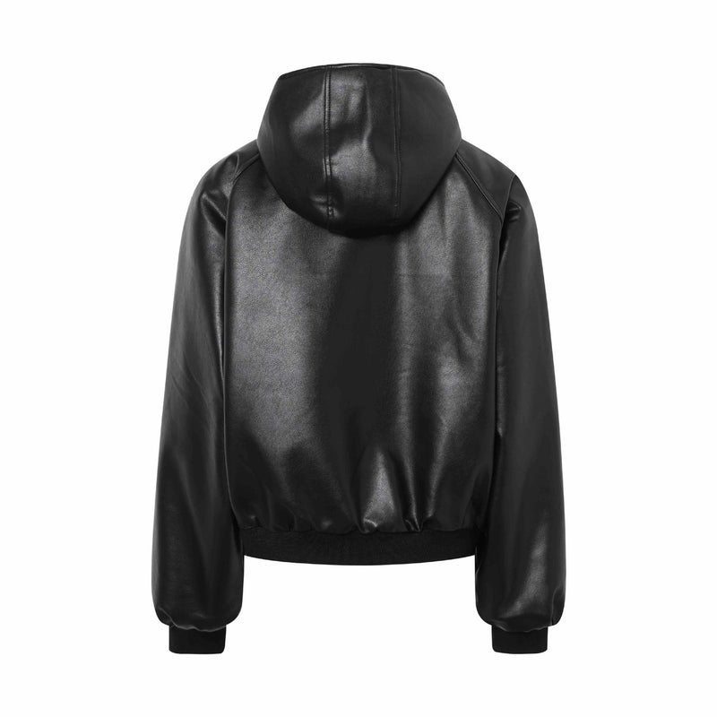 Chaqueta bomber de polipiel con capucha y forro de borreguito — Negra
