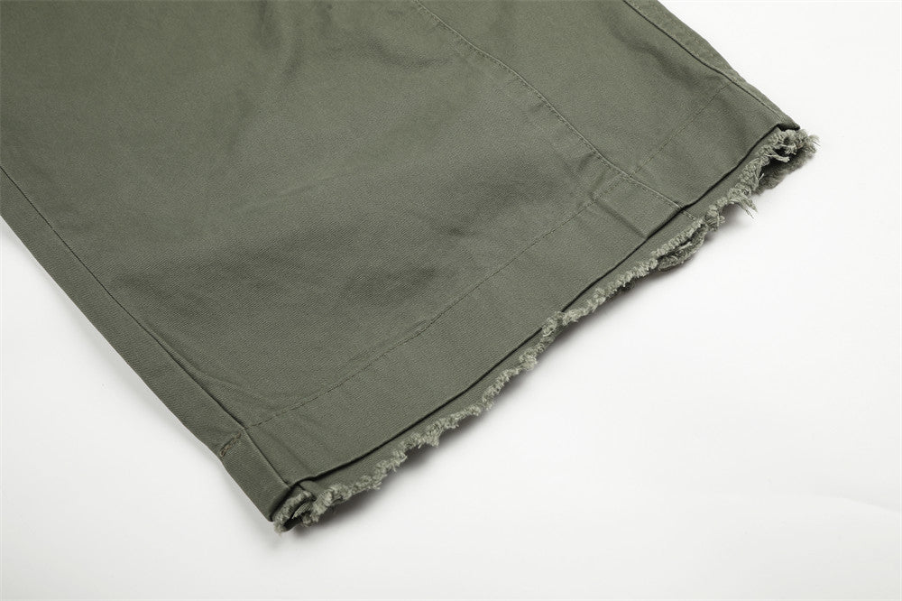 Pantalon palazzo à jambes larges – Taille haute, braguette à boutons, ceinture côtelée et ourlet brut
