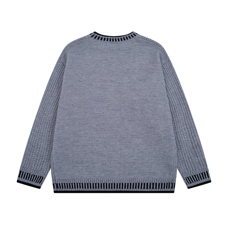 Zopfstrickpullover mit Dackel-Stickerei – Pullover mit Streifenbesatz
