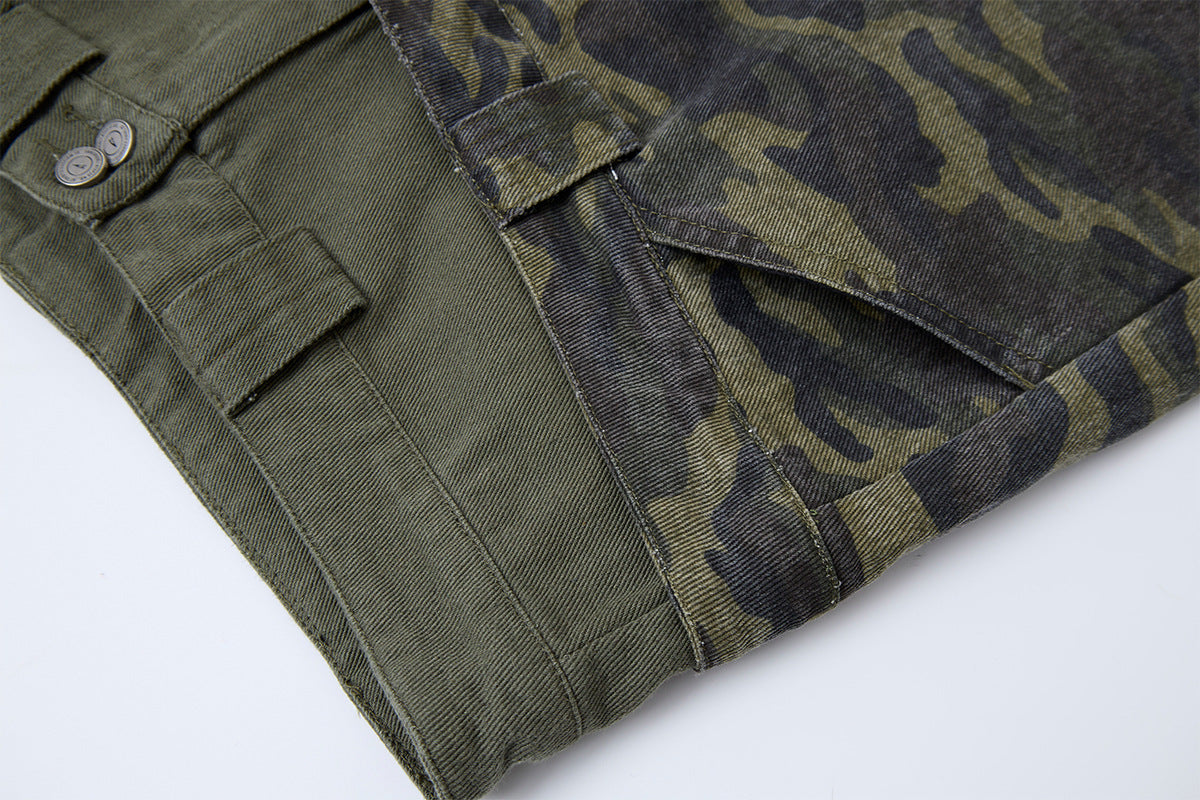 Camo Wide-Leg Balloon Pants – High-Waist Layered Faux Two-Piece with Cross Patch