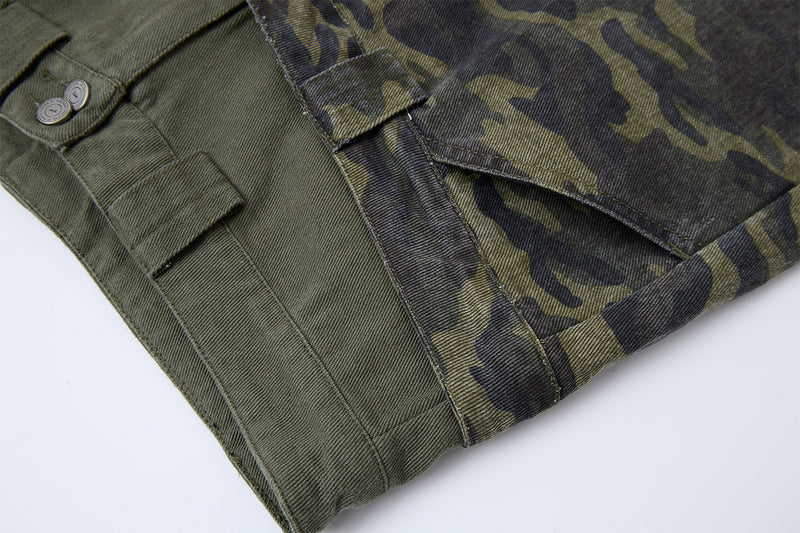 Camo Wide-Leg Balloon Pants – High-Waist Layered Faux Two-Piece with Cross Patch