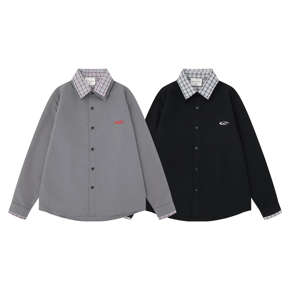 Men's Faux Two-Piece Plaid Collar Long Sleeve Shirt – Double-Layer Spliced